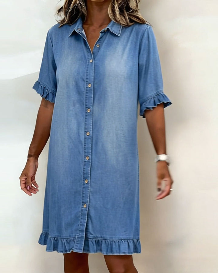 Mannie | Classic knee-length denim dress with ruffles