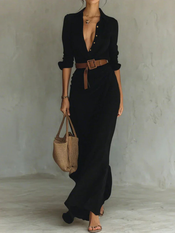 Camille™ | Maxi Dress with Collar and Waist Belt