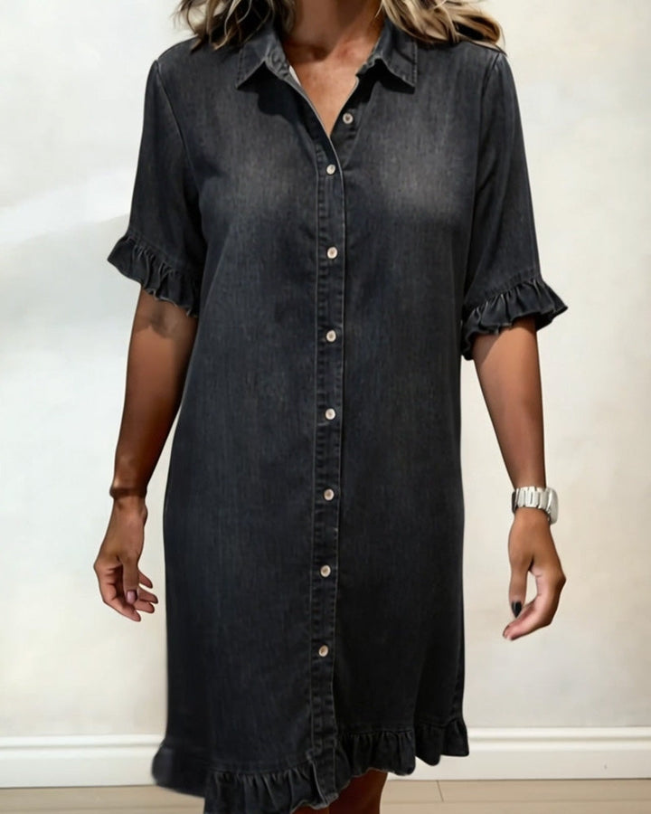 Mannie | Classic knee-length denim dress with ruffles
