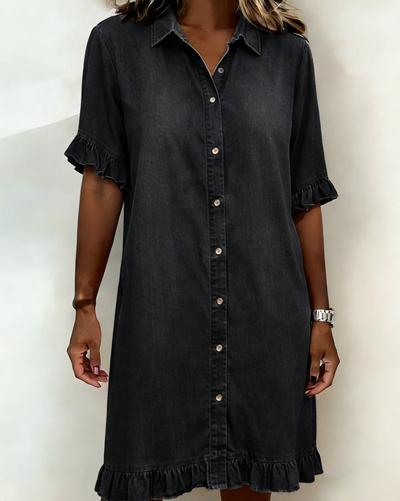 Mannie | Classic knee-length denim dress with ruffles