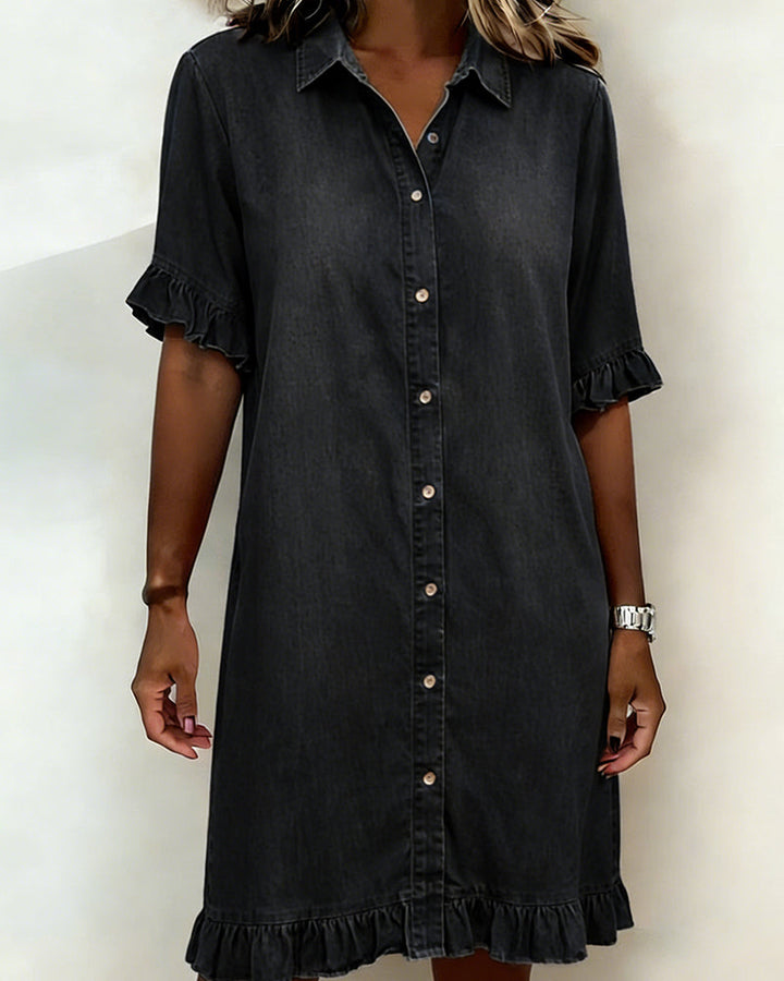 Mannie | Classic knee-length denim dress with ruffles