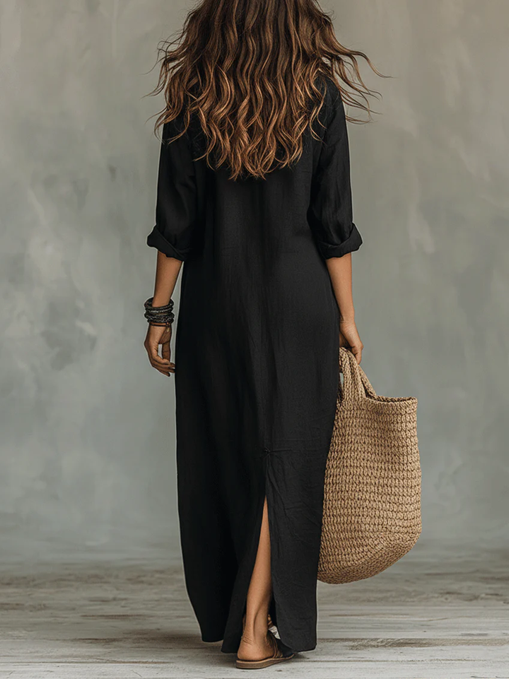 Soline™ | Black Maxi Dress with Buttons