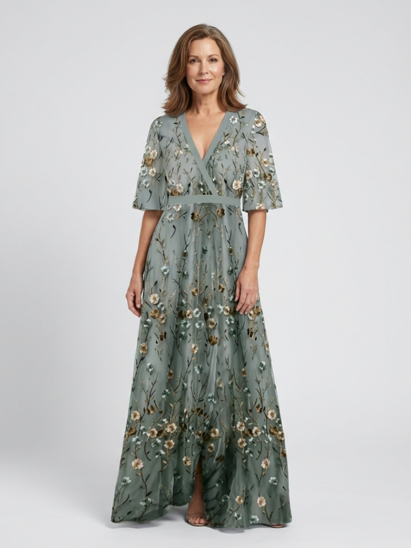 Isadora | Elegant Embroidered Mesh Maxi Dress