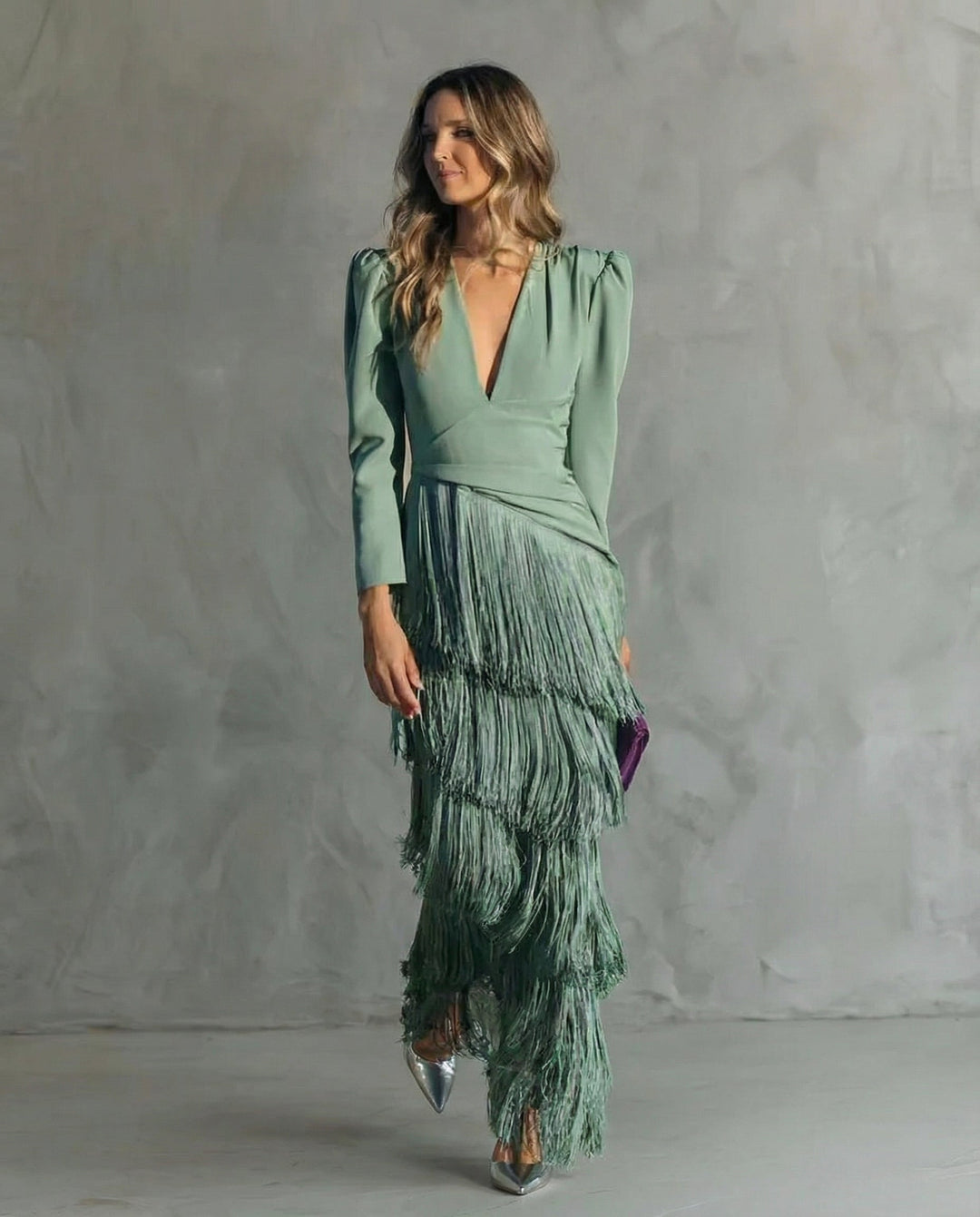 Cassie | Elegant midi dress with fringe sleeves