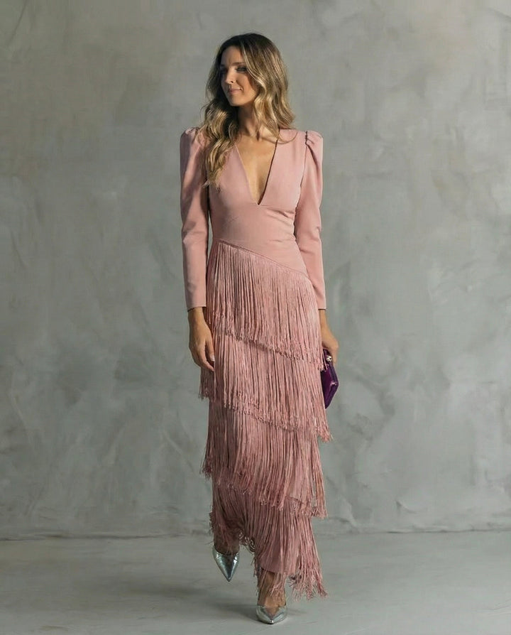 Cassie | Elegant midi dress with fringe sleeves