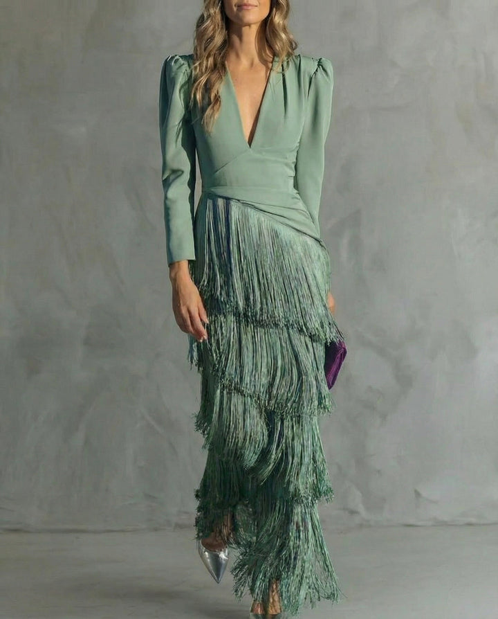 Cassie | Elegant midi dress with fringe sleeves