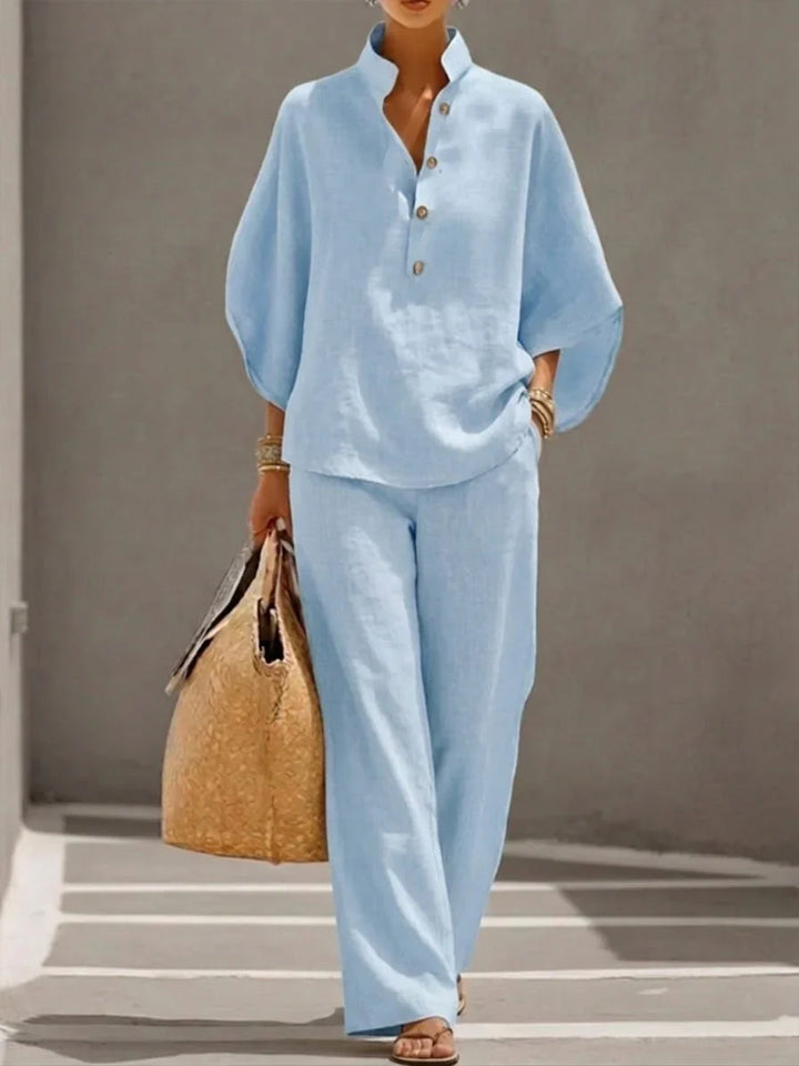 Isabelle | Linen set with batwing sleeves and wide pant