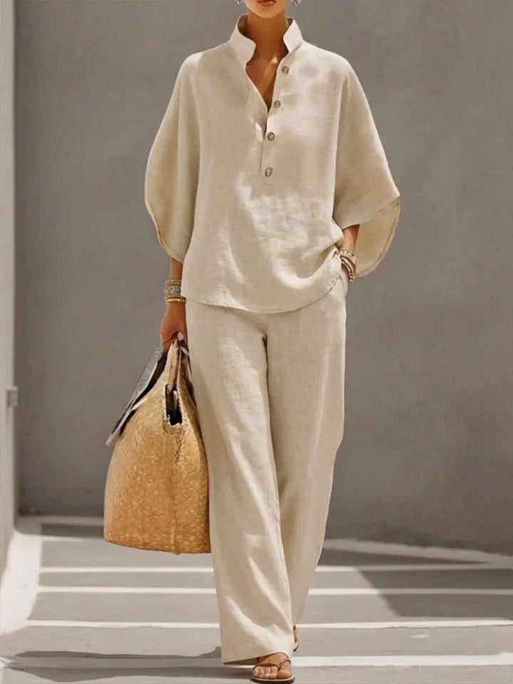 Isabelle | Linen set with batwing sleeves and wide pant