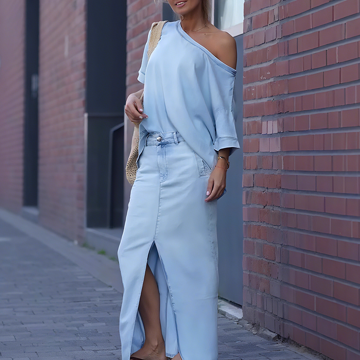 Cheska | Diagonal Shoulder Top with Split Denim Long Skirt
