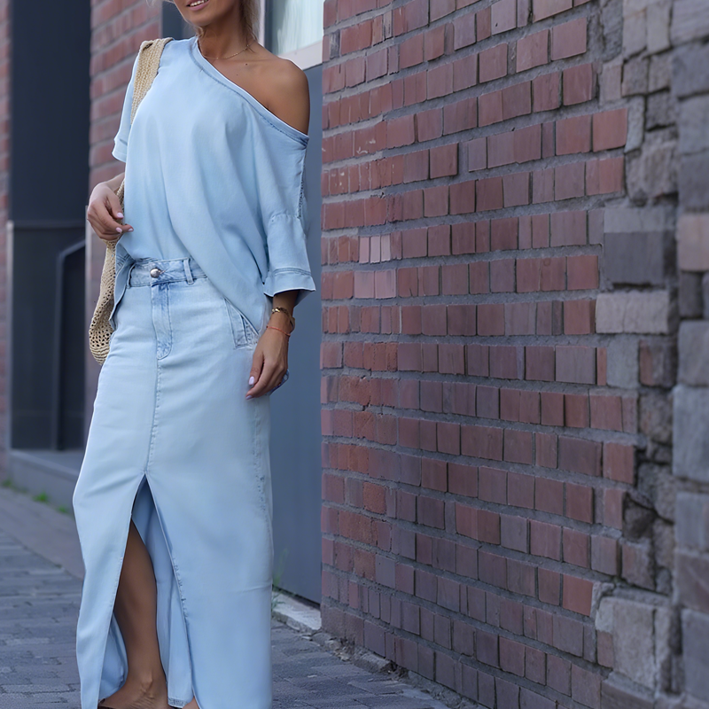 Cheska | Diagonal Shoulder Top with Split Denim Long Skirt